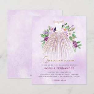 Budget Paarse gouden jurk Quinceañera Uitnodiging