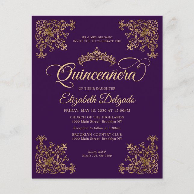 Budget  Paarse gouden Lijst Quinceanera (Voorkant)