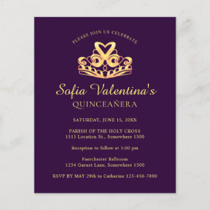 Budget Paarse Gouden Tiara Quinceanera Uitnodiging