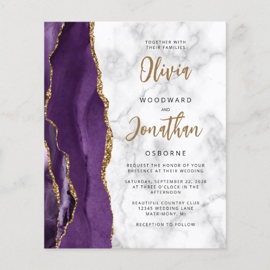 Budget Paarse goudmarmer Agate Wedding Invite (Voorkant)