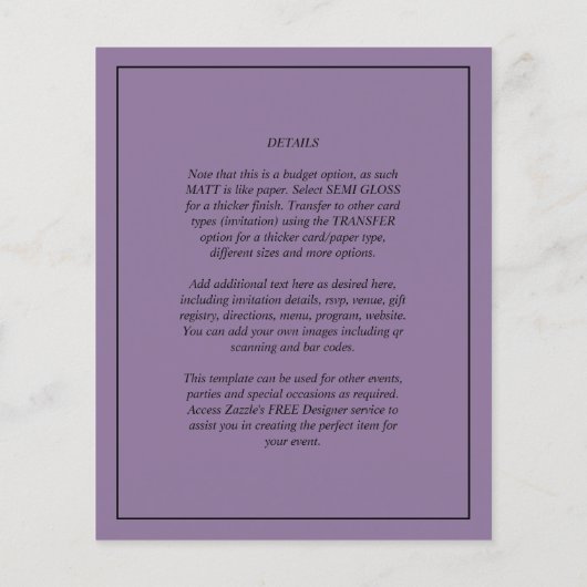 Budget Paarse Huwelijksfoto-overlay Uitnodiging (Achterkant)