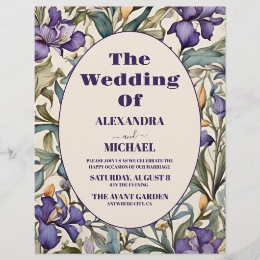 Budget Paarse iris art nouveau bruiloft Flyer (Voorkant)