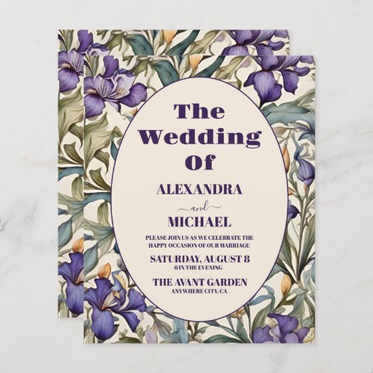 Budget Paarse iris art nouveau bruiloft uitnodigin (Voorkant / Achterkant)