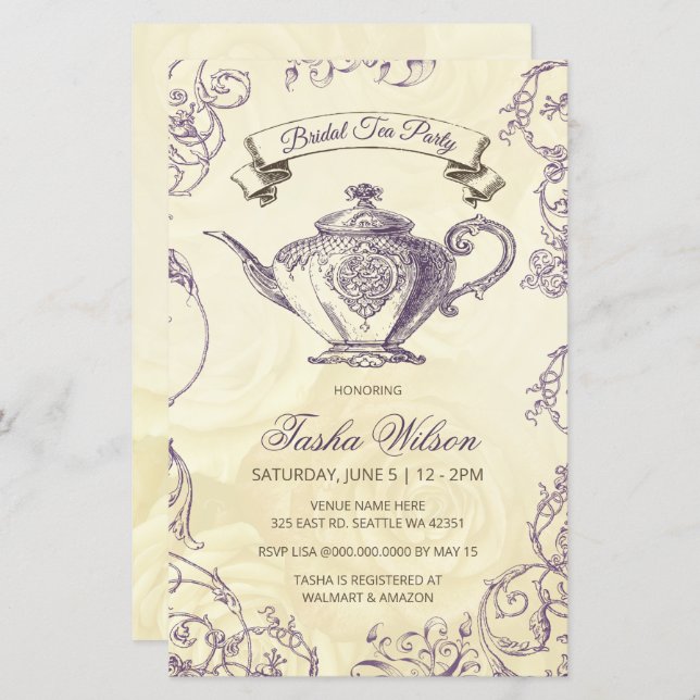 Budget Paarse Ivory  Bridal Tea Uitnodiging (Voorkant / Achterkant)