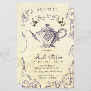 Budget Paarse Ivory  Bridal Tea Uitnodiging