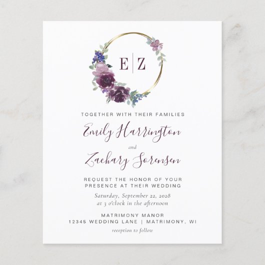 Budget Paarse Krans Monogram QR Code Huwelijk (Voorkant)