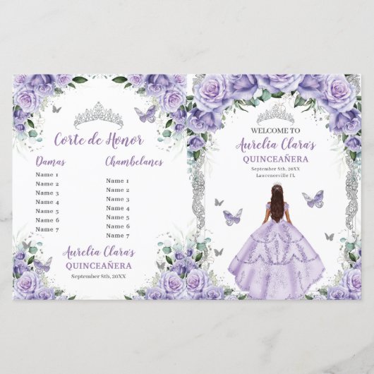 Budget Paarse Lila Floral Quinceanera 15 Programma (Voorkant)