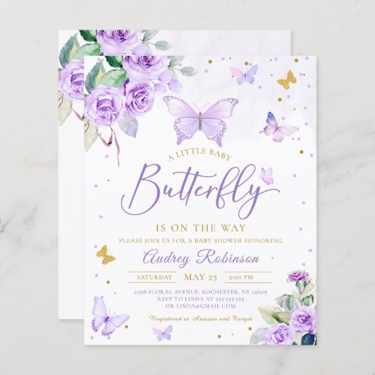 Budget Paarse Little Butterfly Baby shower Invite (Voorkant / Achterkant)