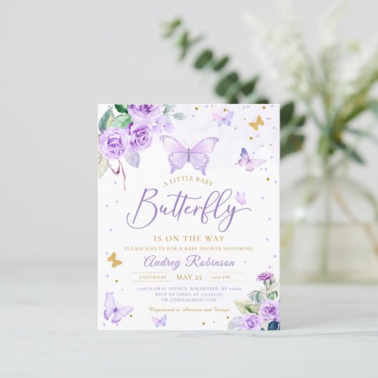 Budget Paarse Little Butterfly Baby shower Invite (Staand voorkant)
