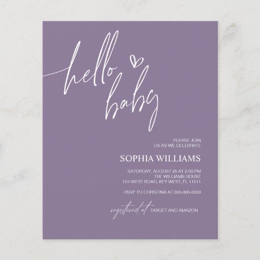 Budget Paarse Minimalistische Baby shower Uitnodig (Voorkant)