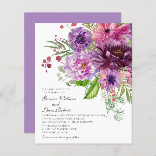 Budget Paarse Monochrome Waterverf Floral Wedding (Voorkant / Achterkant)