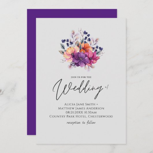 BUDGET Paarse Oranje Bloemige Trouw Uitnodiging (Voorkant / Achterkant)