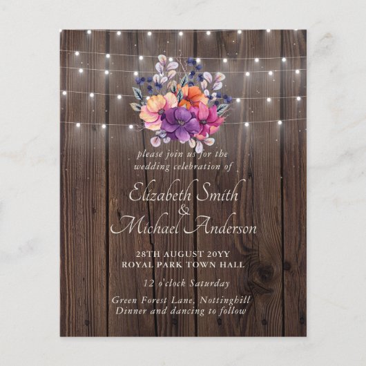 BUDGET Paarse Oranje Bloemige Trouw Uitnodiging Flyer (Voorkant)