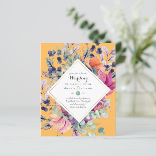 BUDGET Paarse Oranje Floral Wedding Invitations (Staand voorkant)