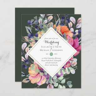 BUDGET Paarse Oranje Floral Wedding Invitations