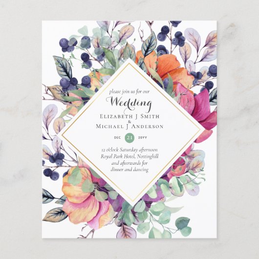 BUDGET Paarse Oranje Floral Wedding Invitations Flyer (Voorkant)