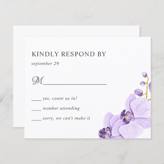 BUDGET Paarse orchidee botanische bruiloft RSVP (Voorkant / Achterkant)