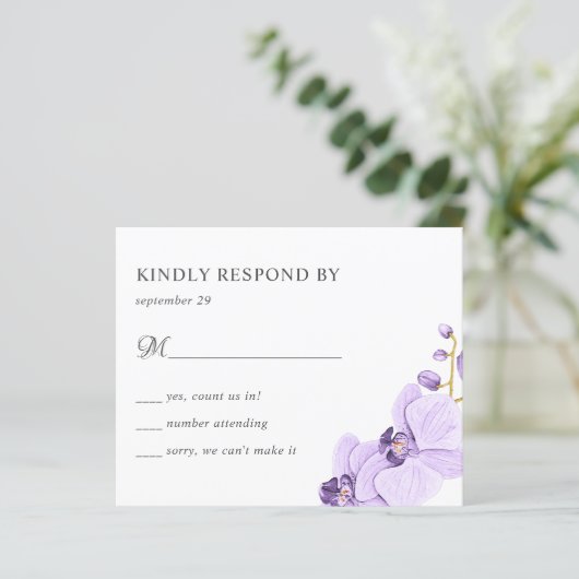 BUDGET Paarse orchidee botanische bruiloft RSVP (Staand voorkant)