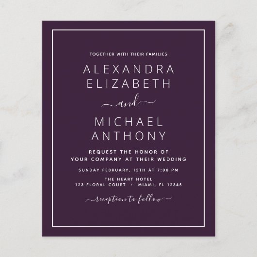 Budget Paarse Plum Wedding Modern Typografie (Voorkant)