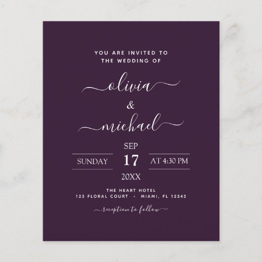 Budget Paarse Plum Wedding Modern Typografie Flyer (Voorkant)