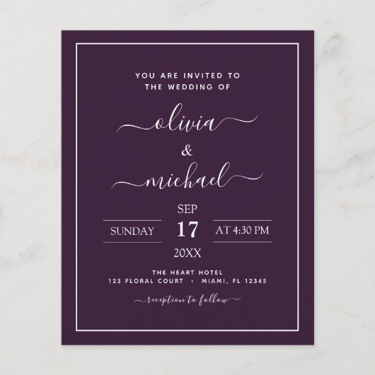 Budget Paarse Plum Wedding Modern Typography Flyer (Voorkant)
