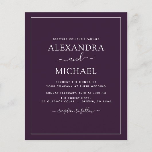 Budget Paarse Plum Wedding Modern Typography Flyer (Voorkant)