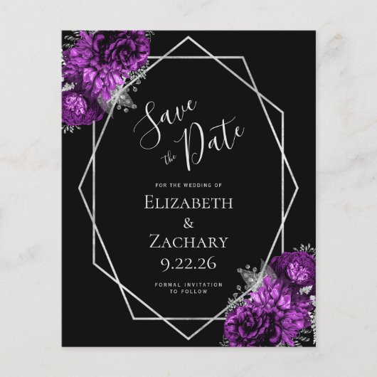 Budget Paarse Plum Zilver Bloemen Zwart Trouwen (Voorkant)