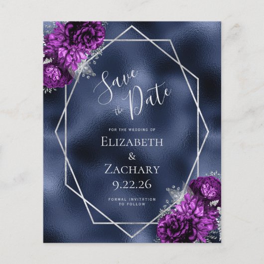 Budget Paarse Plum Zilveren Bloemen Navy Folie bru (Voorkant)