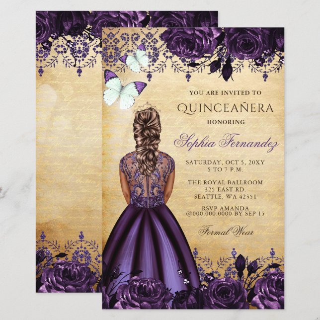Budget Paarse Prinses Quinceañera Uitnodiging (Voorkant / Achterkant)