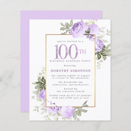 Budget Paarse Roos 100ste Verjaardag Surprise Part (Voorkant / Achterkant)