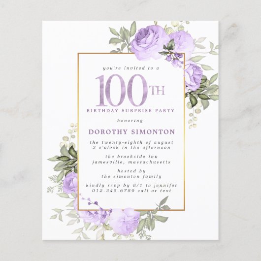 Budget Paarse Roos 100ste Verjaardag Surprise Part (Voorkant)