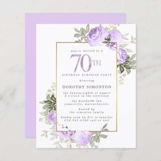 Budget Paarse Roos 70ste Verjaardag Verrassingsfee (Voorkant / Achterkant)