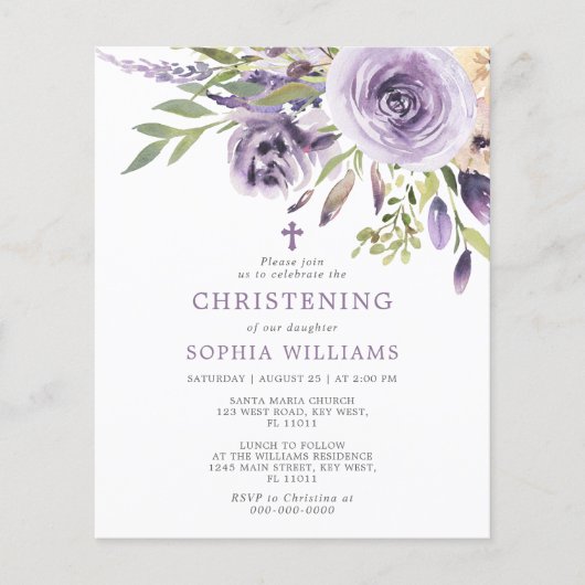 Budget Paarse Roos Bloemen Doopuitnodiging (Voorkant)
