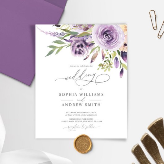 Budget Paarse Roos Elegante Huwelijksuitnodiging