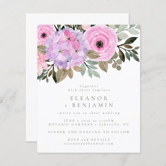 Budget paarse roze bloemenboeket trouw uitnodiging (Voorkant / Achterkant)