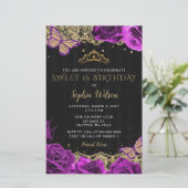 Budget Paarse Rozen Black Gold Sweet 16 Uitnodigin (Staand voorkant)