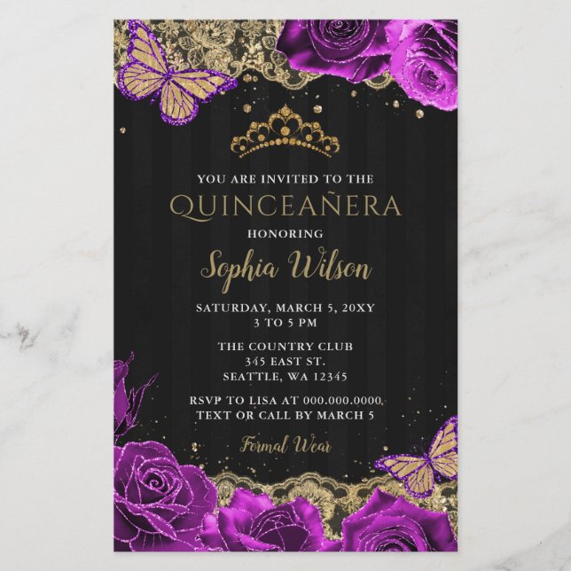 Budget Paarse Rozen Black Quinceañera Uitnodiging (Voorkant)