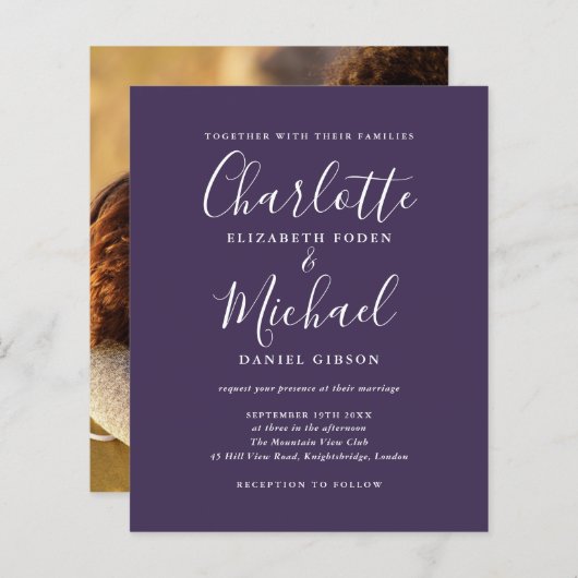 Budget paarse script foto trouwkaart (Voorkant / Achterkant)