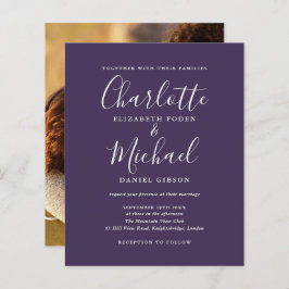 Budget paarse script foto trouwkaart