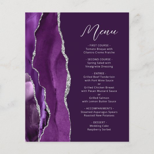 Budget Paarse Silver Agate Plum Wedding Menu (Voorkant)