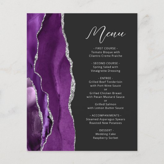 Budget Paarse Silver Agate Script Wedding Menu (Voorkant)