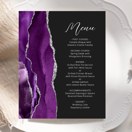 Budget Paarse Silver Agate Script Wedding Menu