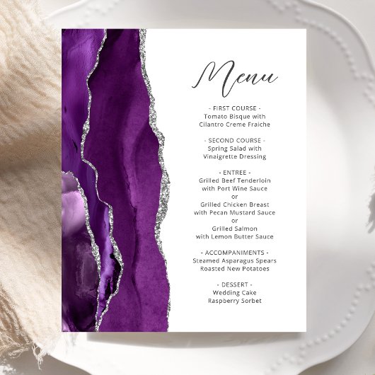 Budget Paarse Silver Agate Script Wedding Menu