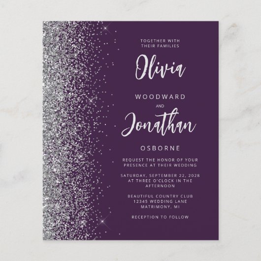Budget Paarse Silver Calligraphy Wedding Invite (Voorkant)