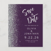 Budget Paarse Silver Script Glitter Save the Date (Voorkant)