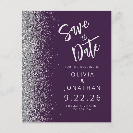 Budget Paarse Silver Script Glitter Save the Date (Voorkant)