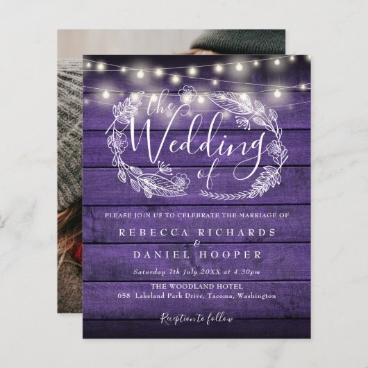 Budget Paarse Slingerlicht Foto Trouw Uitnodiging (Voorkant / Achterkant)