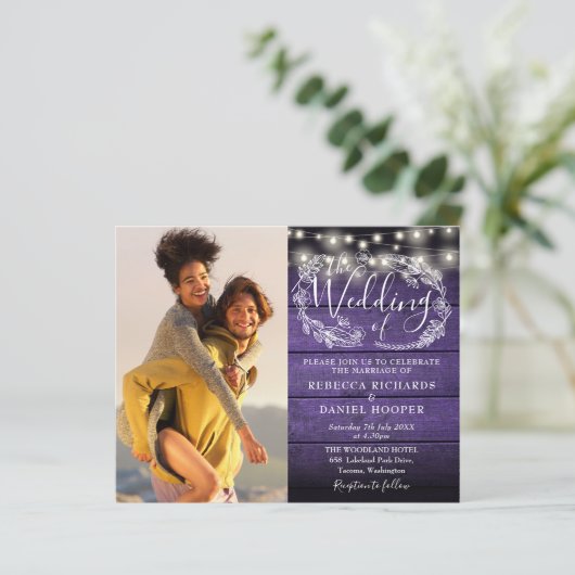 Budget Paarse String Lights 2 Foto Bruiloft Uitnod (Staand voorkant)