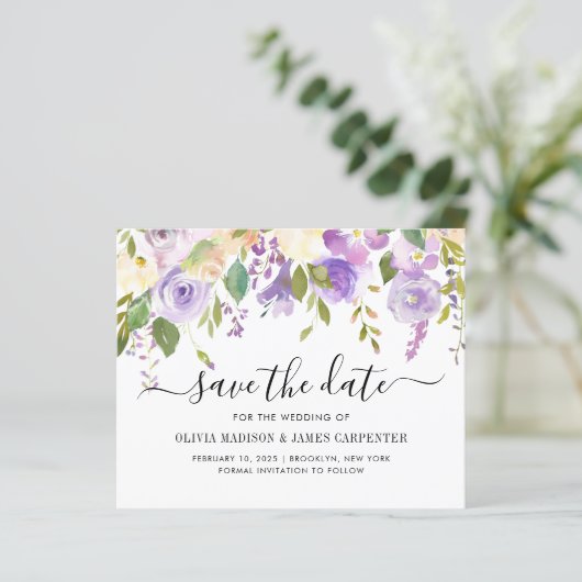 Budget Paarse Violet Floral Bespaar de datum (Staand voorkant)