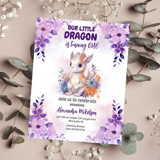 Budget Paarse Waterverf Dragon Baby 1e Verjaardag Flyer